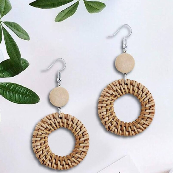 Bohemian Hand Woven Rattan Hoop Dangle Earrings - Picture 3 of 4